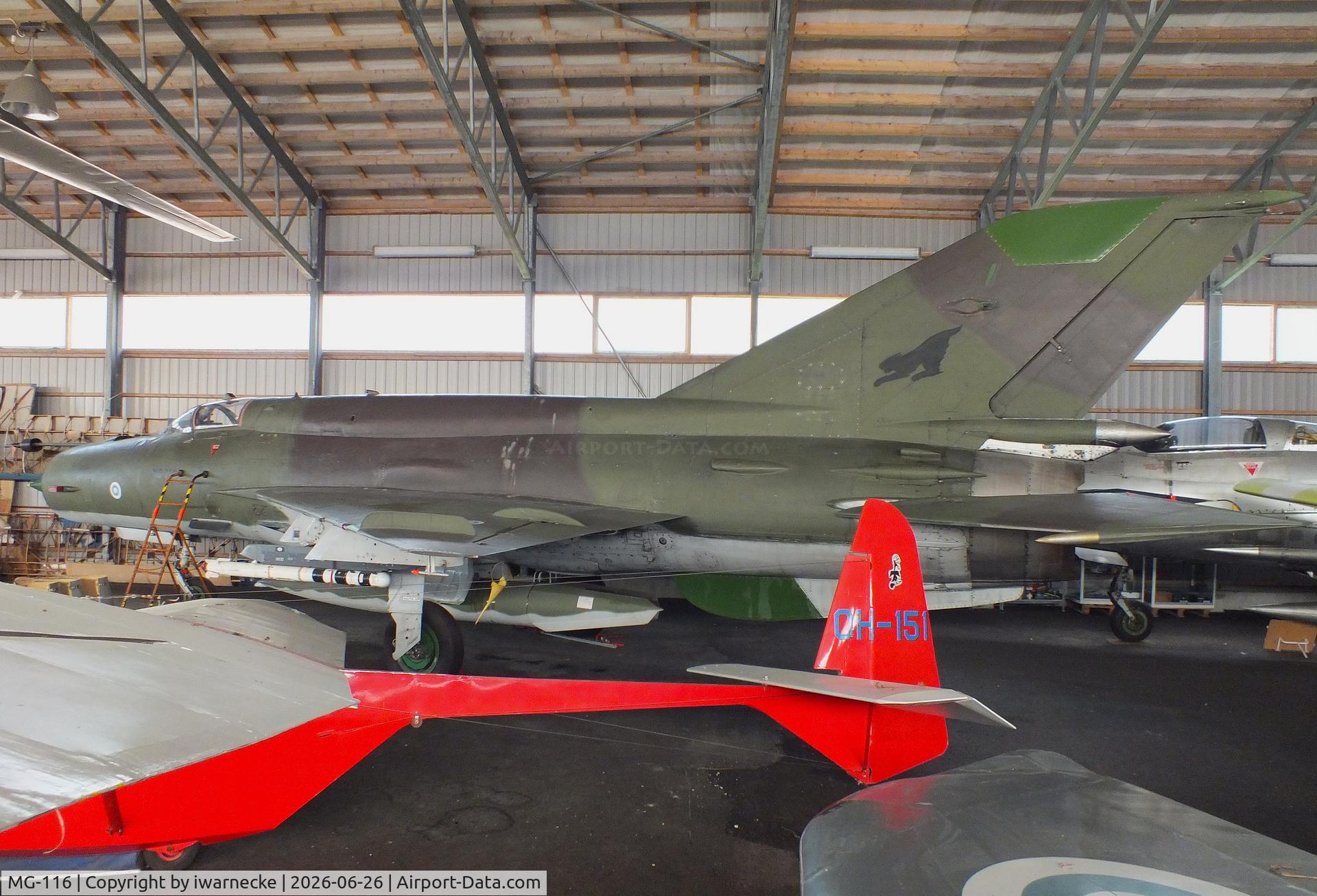 Aircraft MG-116, 1980 Mikoyan-Gurevich MiG-21bis-L, c/n N75083895, Mikoyan i Gurevich MiG-21bis-L FISHBED-N at the Karhulan ilmailukerhon lentomuseo (Karhula Aero Club Flying Museum), Kymi airfield, Kotka, photo by iwarnecke