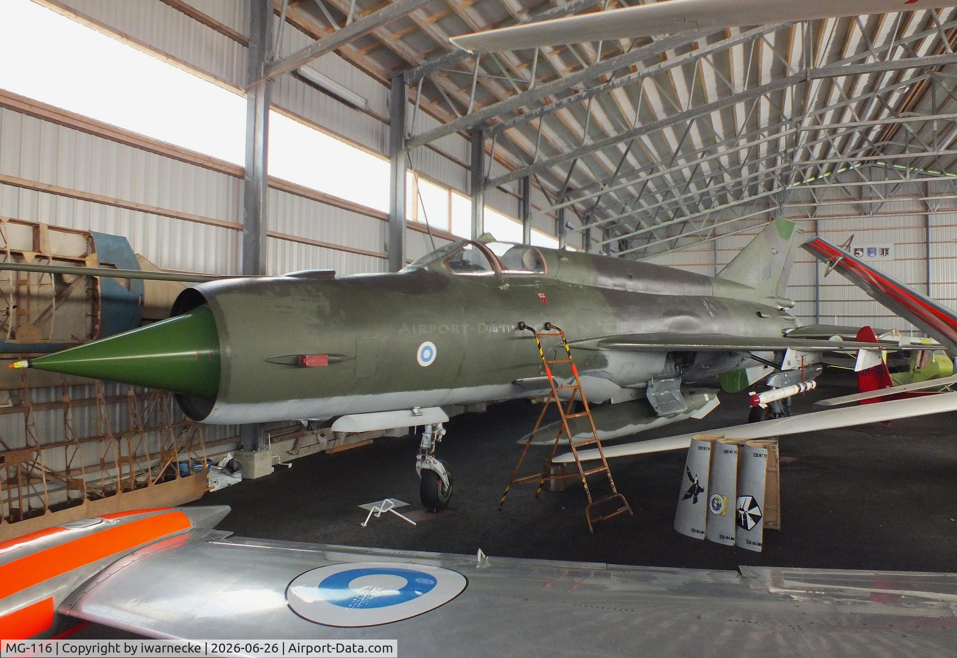 Aircraft MG-116, 1980 Mikoyan-Gurevich MiG-21bis-L, c/n N75083895, Mikoyan i Gurevich MiG-21bis-L FISHBED-N at the Karhulan ilmailukerhon lentomuseo (Karhula Aero Club Flying Museum), Kymi airfield, Kotka, photo by iwarnecke