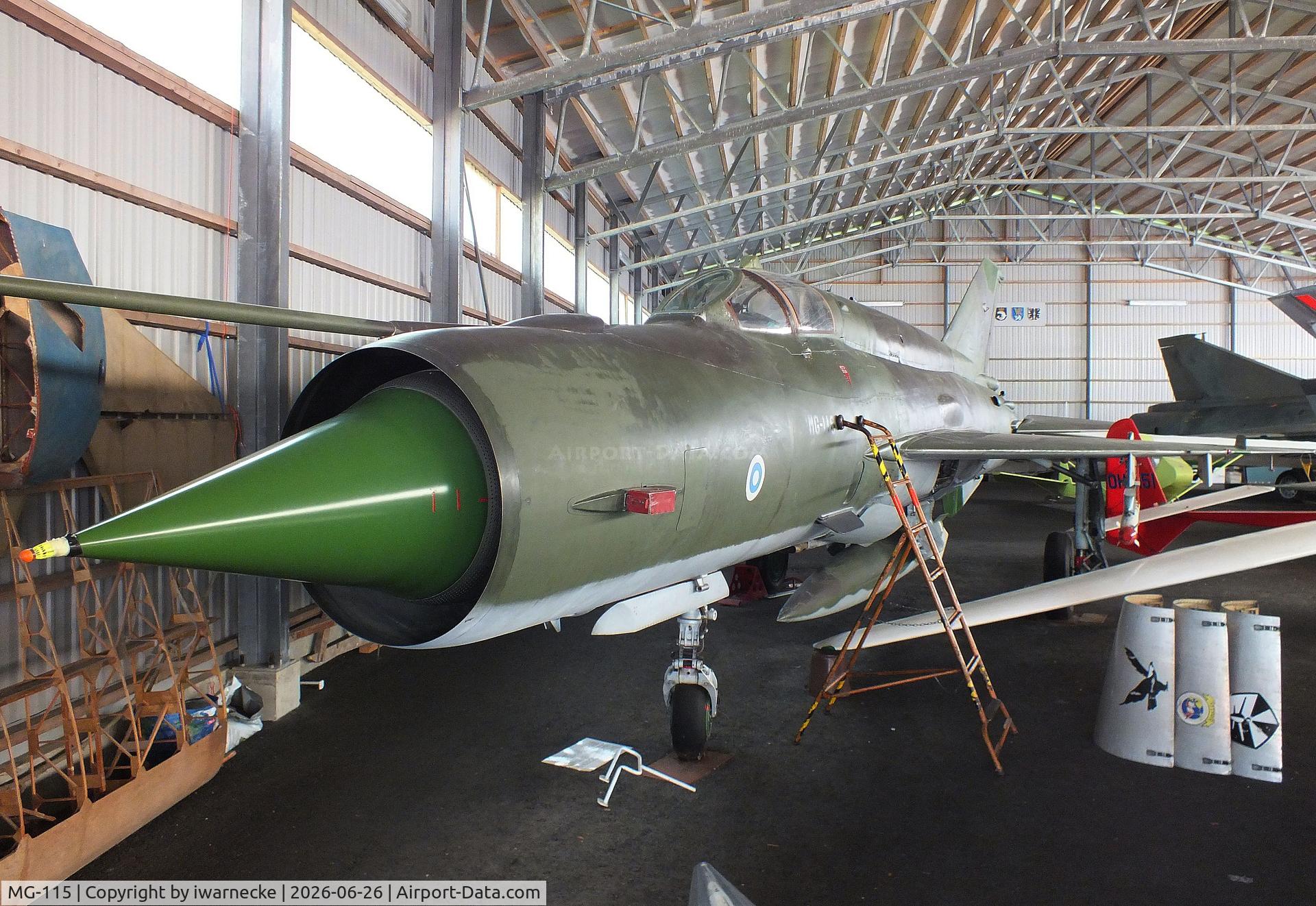 Aircraft MG-115, Mikoyan-Gurevich MiG-21bis, c/n N75083858/57-21, Mikoyan i Gurevich MiG-21bis-L FISHBED-N at the Karhulan ilmailukerhon lentomuseo (Karhula Aero Club Flying Museum), Kymi airfield, Kotka, photo by iwarnecke