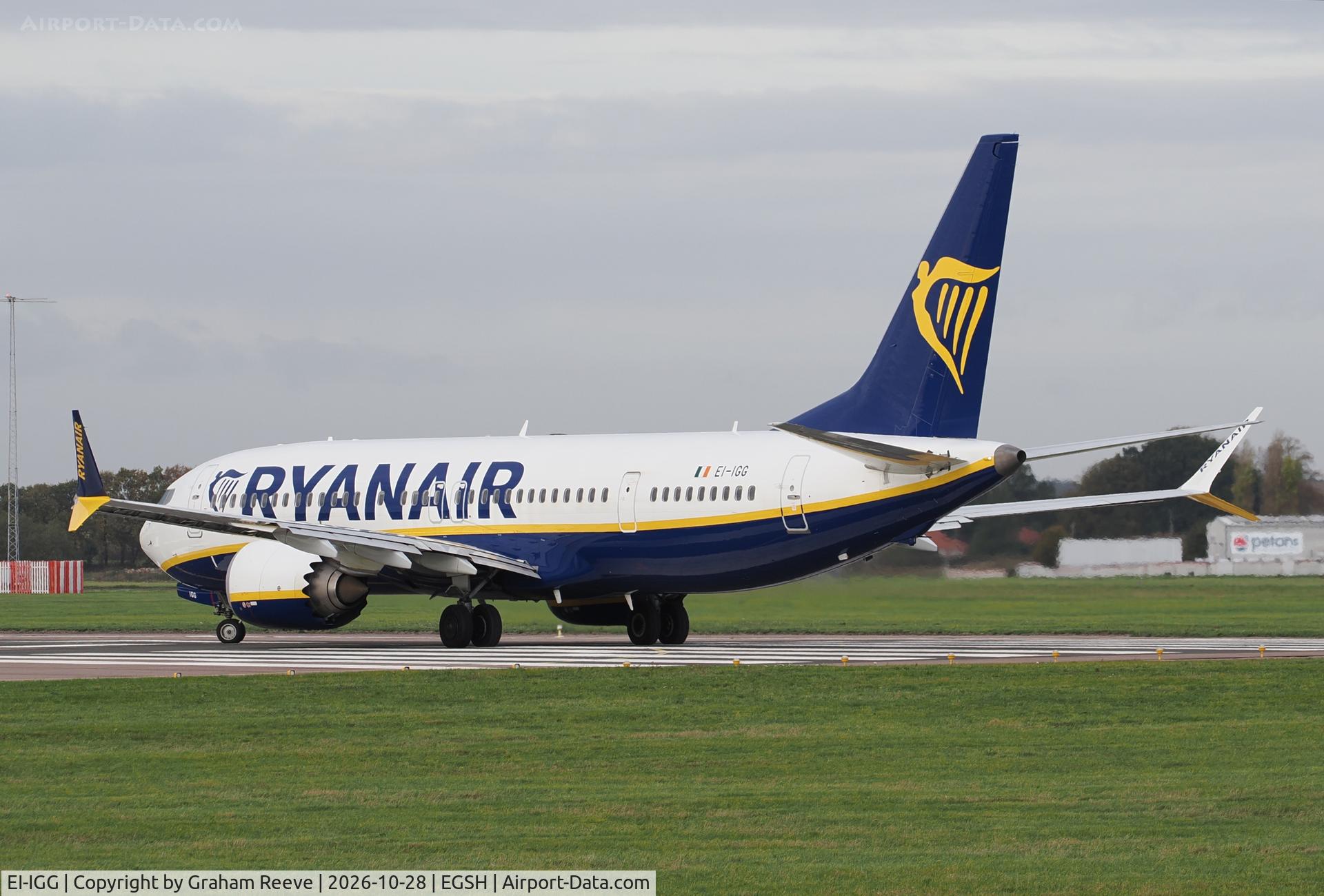 Aircraft EI-IGG, 2023 Boeing 737-8-200 MAX, c/n 62348 l/n 8511, Departing from Norwich., at EGSH, photo by Graham Reeve