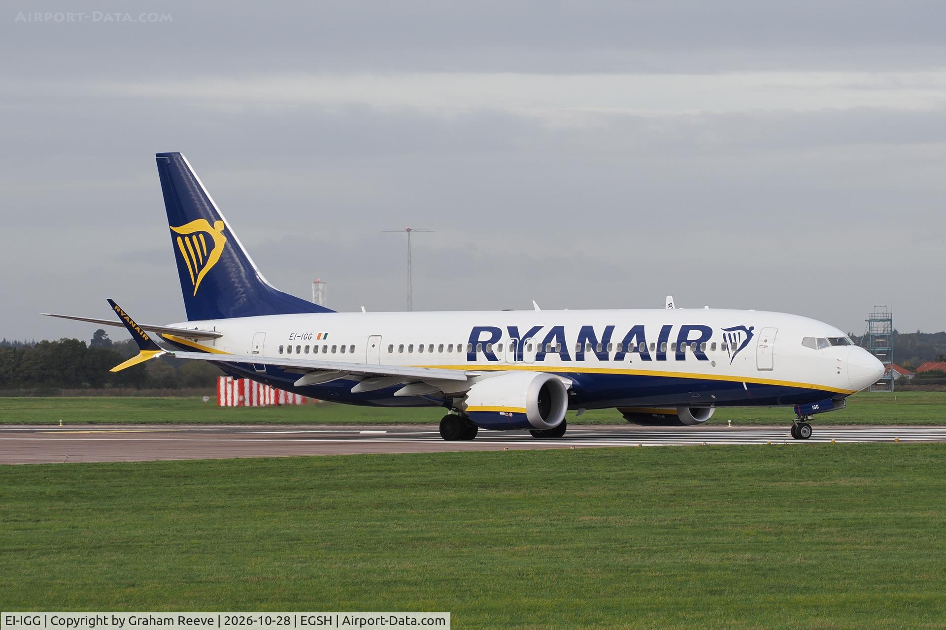 Aircraft EI-IGG, 2023 Boeing 737-8-200 MAX, c/n 62348 l/n 8511, Departing from Norwich., at EGSH, photo by Graham Reeve