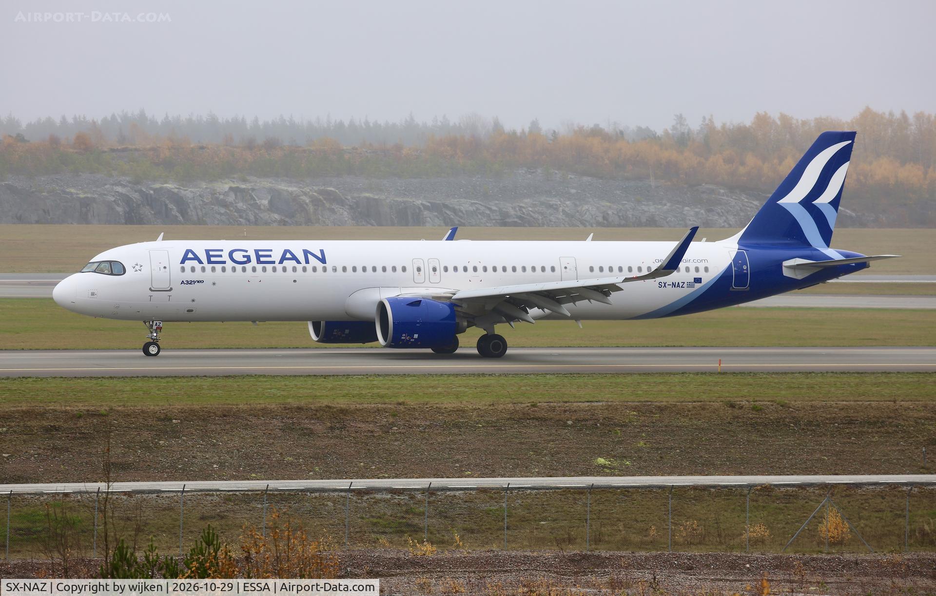 Aircraft SX-NAZ, 2025 Airbus A321-271NX, c/n 13102, Twy W, at ESSA, photo by wijken
