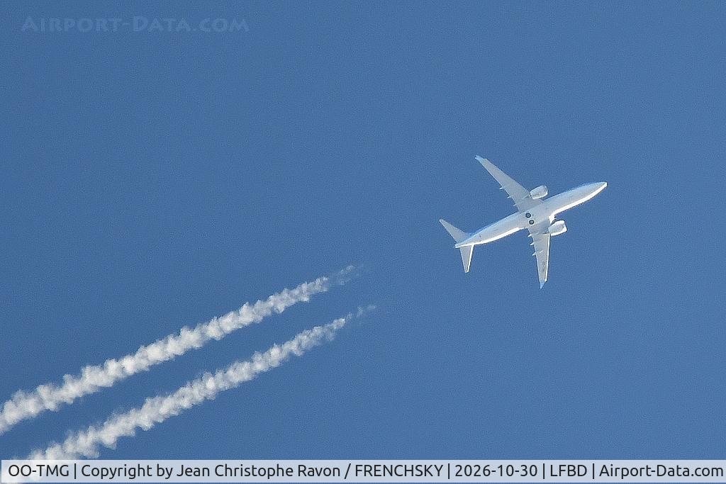 Aircraft OO-TMG, 2026 Boeing 737-8 MAX, c/n 44647 l/n 9434, Amsterdam (AMS) Tenerife (TFS) OR1667 flight level 380, at LFBD, photo by Jean Christophe Ravon / FRENCHSKY