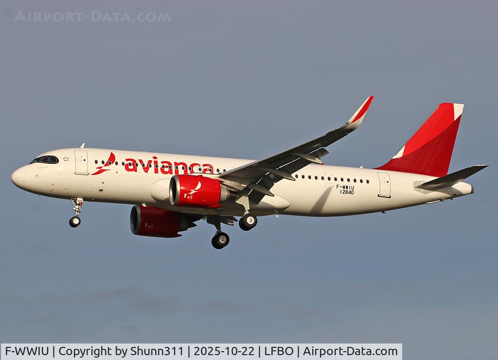 Aircraft F-WWIU, 2025 Airbus A320-251N, c/n 12840, C/n 12840 - To be N906AV, at LFBO, photo by Shunn311