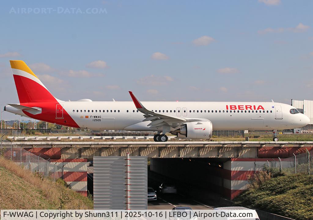Aircraft F-WWAG, 2025 Airbus A321-253NY XLR, c/n 12505, C/n 12505 - To be EC-OQG, at LFBO, photo by Shunn311