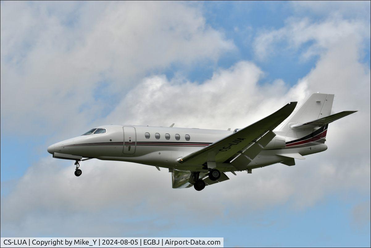Aircraft CS-LUA, 2023 Cessna 680A Citation Latitude, c/n 680A-0357, Cessna 680A Citation Latitude arriving at Gloucestershire Airport, at EGBJ, photo by Mike_Y