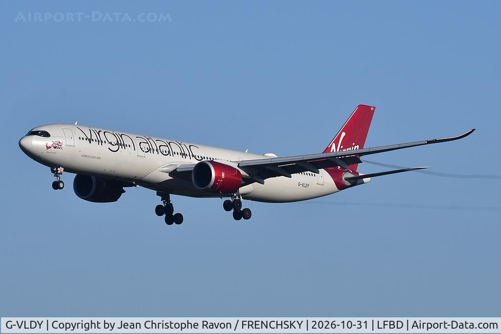Aircraft G-VLDY, 2023 Airbus A330-941, c/n 2025, London (LHR) Bordeaux (BOD) (VIR842P), at LFBD, photo by Jean Christophe Ravon / FRENCHSKY