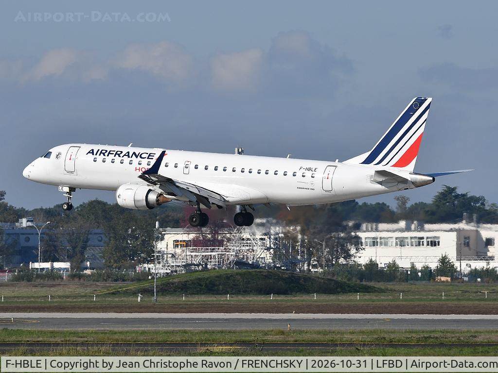 Aircraft F-HBLE, 2007 Embraer 190AR (ERJ-190-100IGW), c/n 19000123, Amsterdam (AMS) Bordeaux (BOD) KL1441, at LFBD, photo by Jean Christophe Ravon / FRENCHSKY
