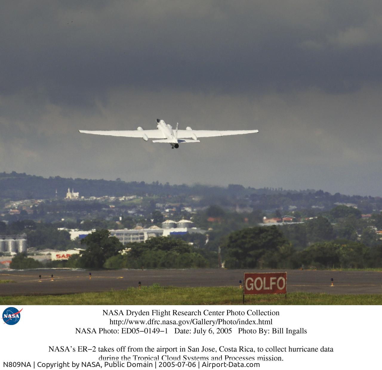 N809NA, 1980 Lockheed ER-2 C/N 80-1097 (Article 097), NASA's ER-2 takes off from the airport in San Jose, Costa Rica, to collect hurricane data during the Tropical Cloud Systems and Processes mission