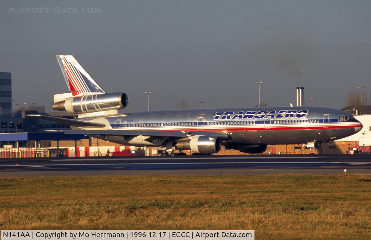 N141AA, 1974 Douglas DC-10-30 C/N 46713, DC10 in basic AA colours, operated by russian Transaero, doing a checkflight at Manchester UK