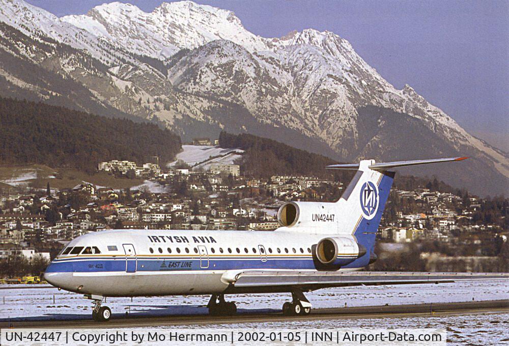 UN-42447, 1993 Yakovlev Yak-42D C/N 4520424309017, Yrtish Avia from Kazakhstan on a ski-charter flight to Innsbruck, Austria