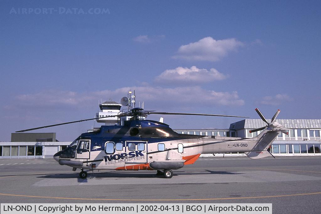 LN-OND, 1985 Aerospatiale AS-332L Super Puma C/N 2157, Norsk Helicoptes, operating chopper flights to outlying oil riggs from Bergen Flesland Intl Airport