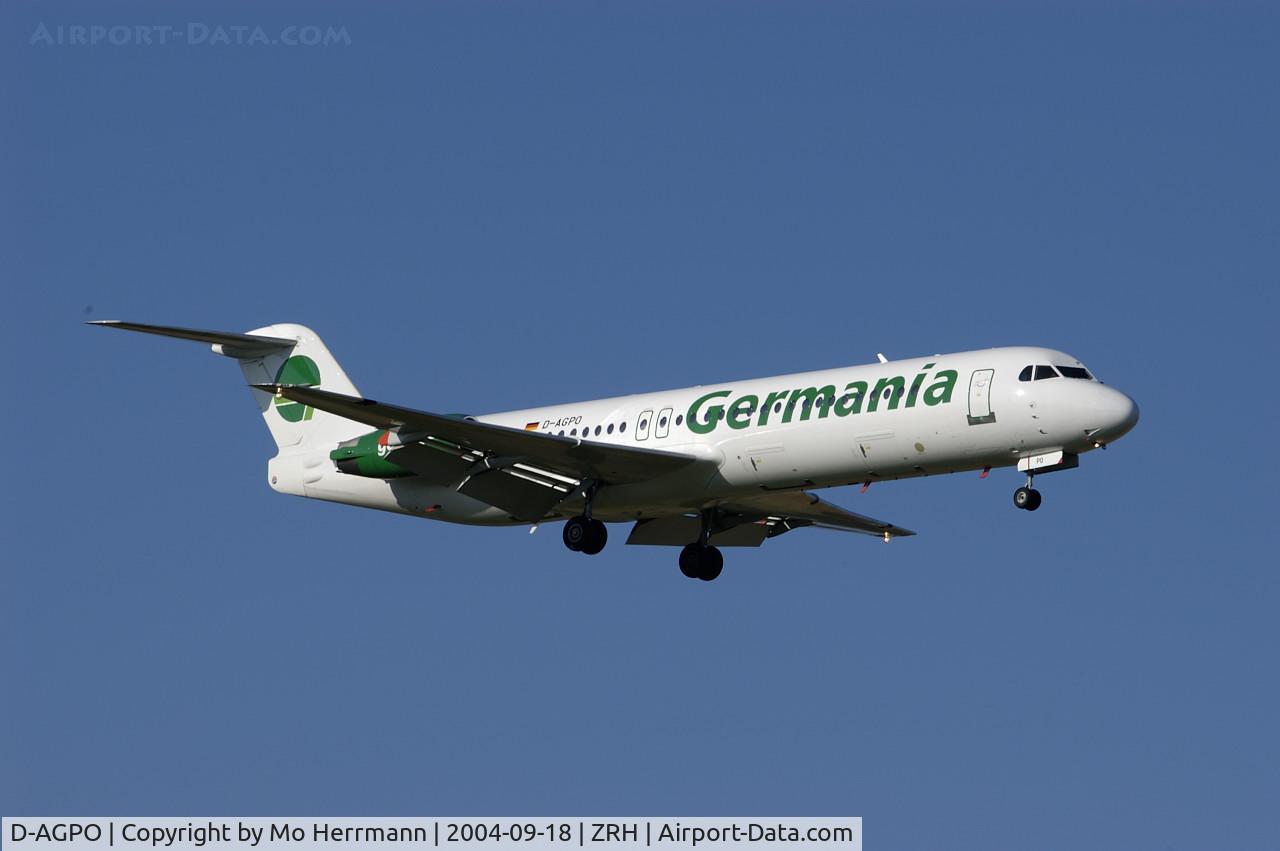 D-AGPO, 1991 Fokker 100 (F-28-0100) C/N 11334, Germania Fokker 100 at Zurich