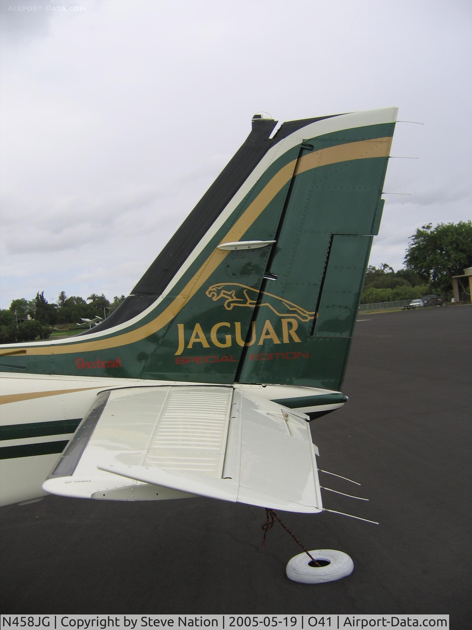 N458JG, 1999 Raytheon Aircraft Company 58 C/N TH-1908, close-up of Jaguar tail emblem on 1999 Raytheon Beech 58