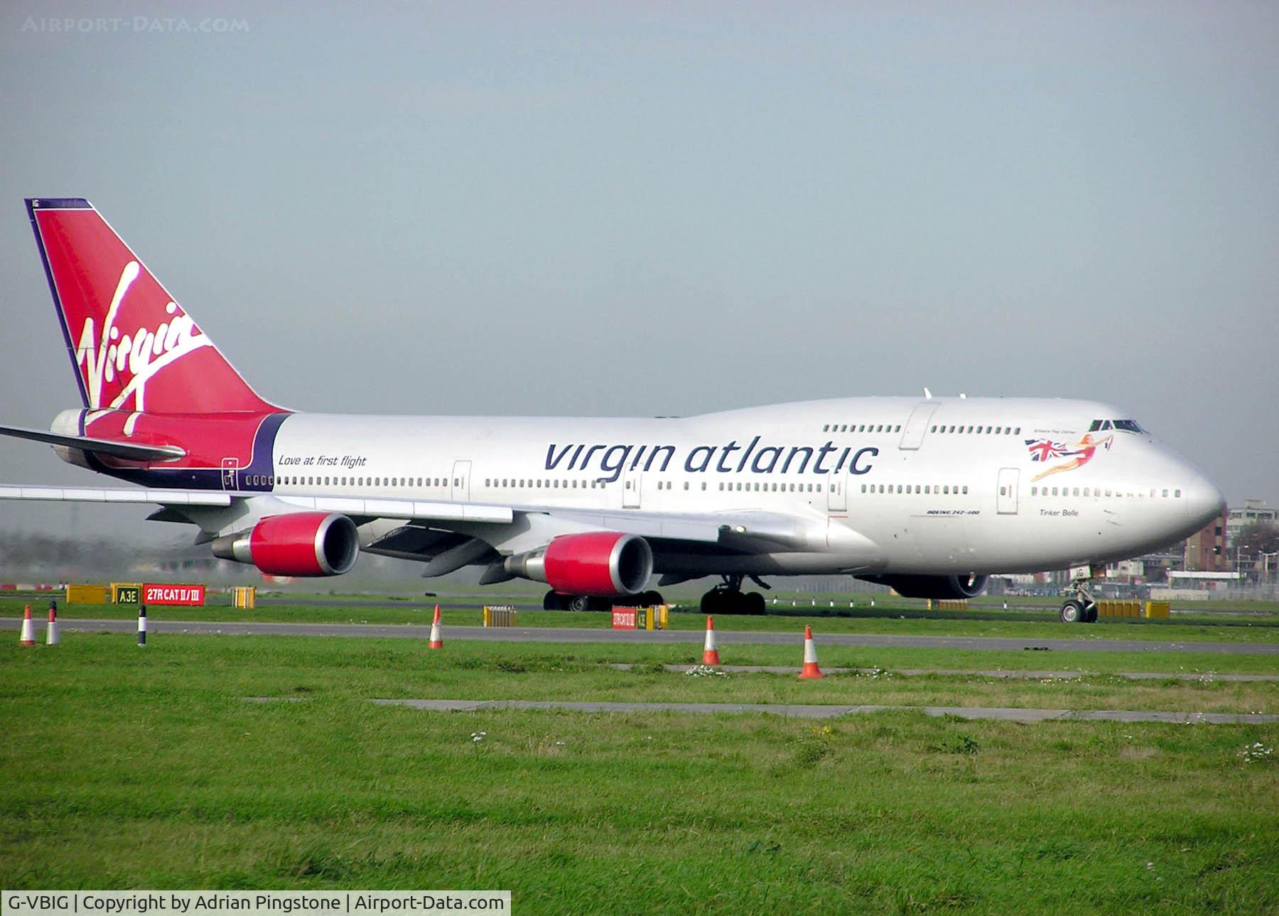 G-VBIG, 1996 Boeing 747-4Q8 C/N 26255, Virgin Atlantic Airways Boeing 747-400 G-VBIG (AKA Tinker Belle) taxiing to the take off point at London Heathrow Airport, England.