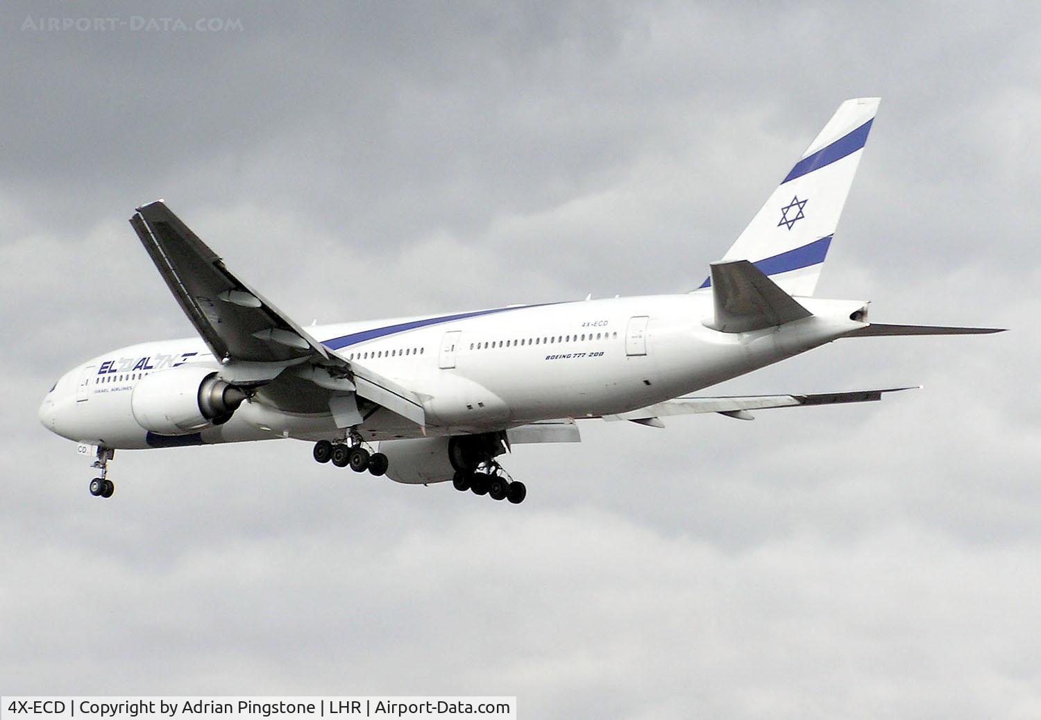 4X-ECD, 2002 Boeing 777-258/ER C/N 33169, El Al Boeing 777-200 landing at Heathrow Airport, London.