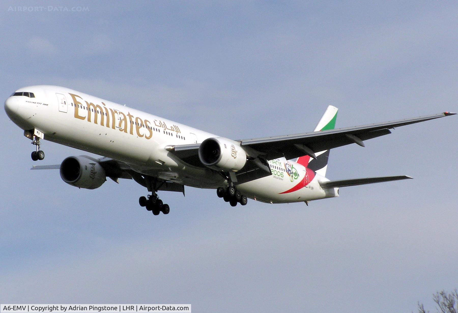 A6-EMV, 2003 Boeing 777-31H C/N 28687, Emirates Boeing 777-300 landing at London Heathrow Airport, England