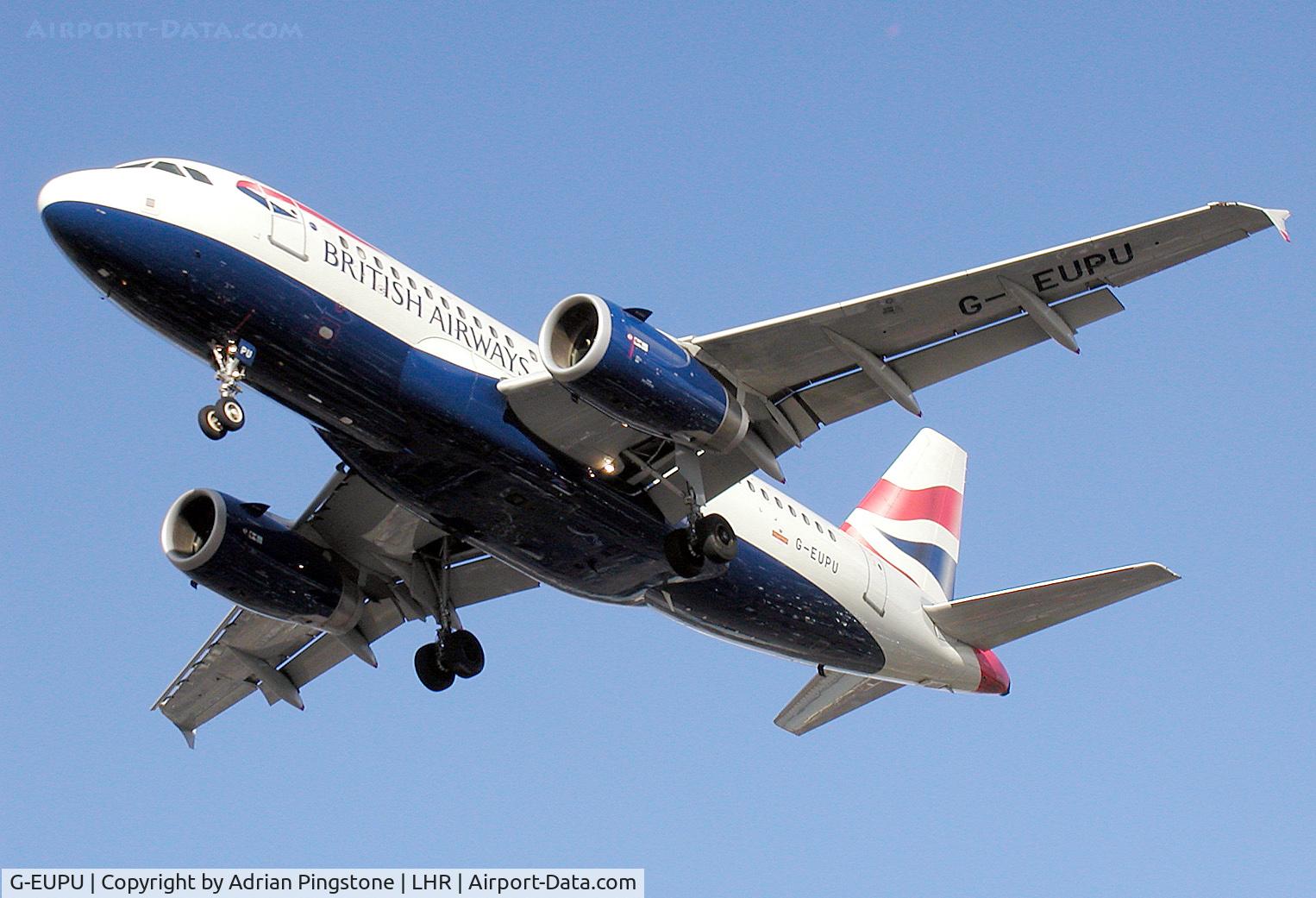G-EUPU, 2000 Airbus A319-131 C/N 1384, British Airways Airbus A319-100 landing at London Heathrow Airport, England.
