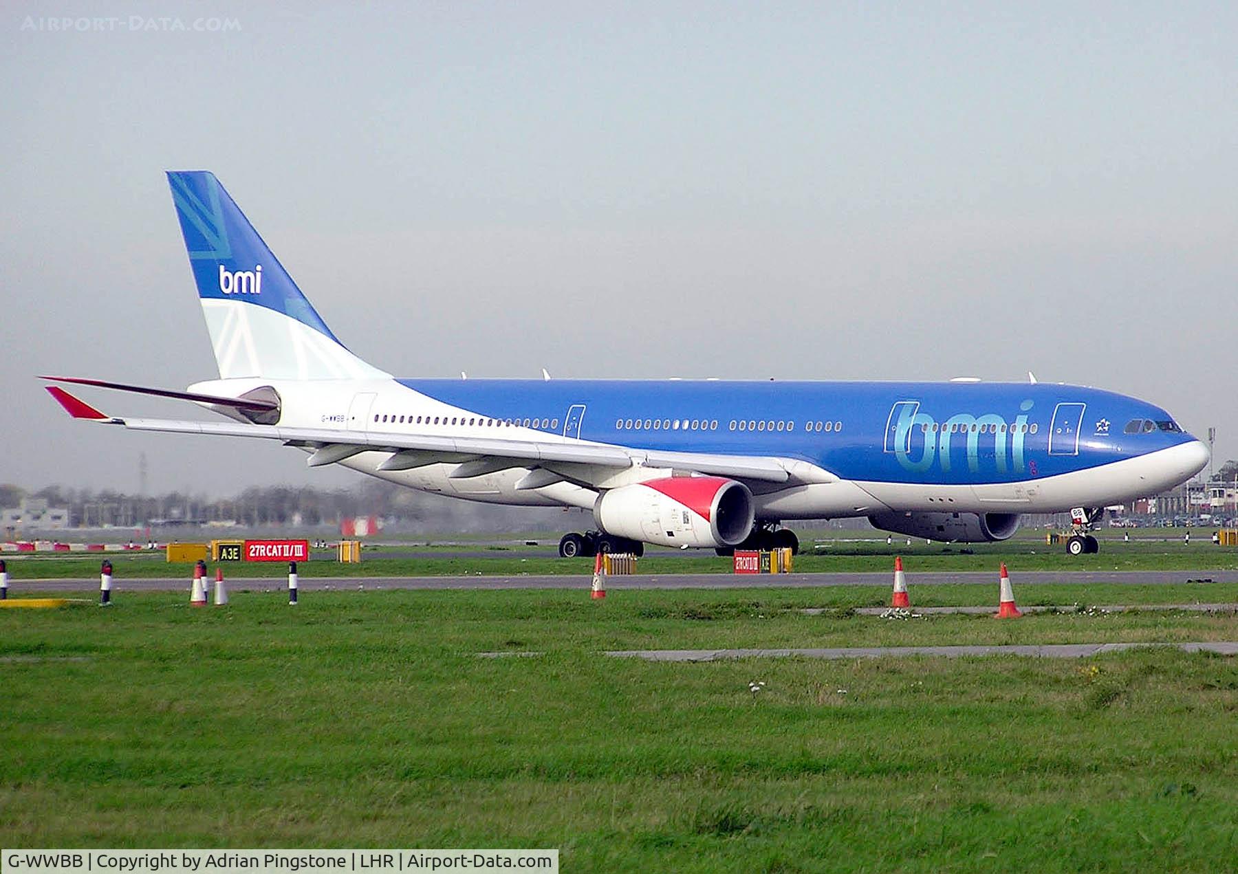 G-WWBB, 2001 Airbus A330-243 C/N 404, bmi Airbus A330-200 in the take off queue at London (Heathrow) Airport, England