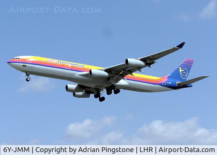 6Y-JMM, 1998 Airbus A340-313 C/N 216, Air Jamaica A340-300 landing at London (Heathrow) Airport in July 2003