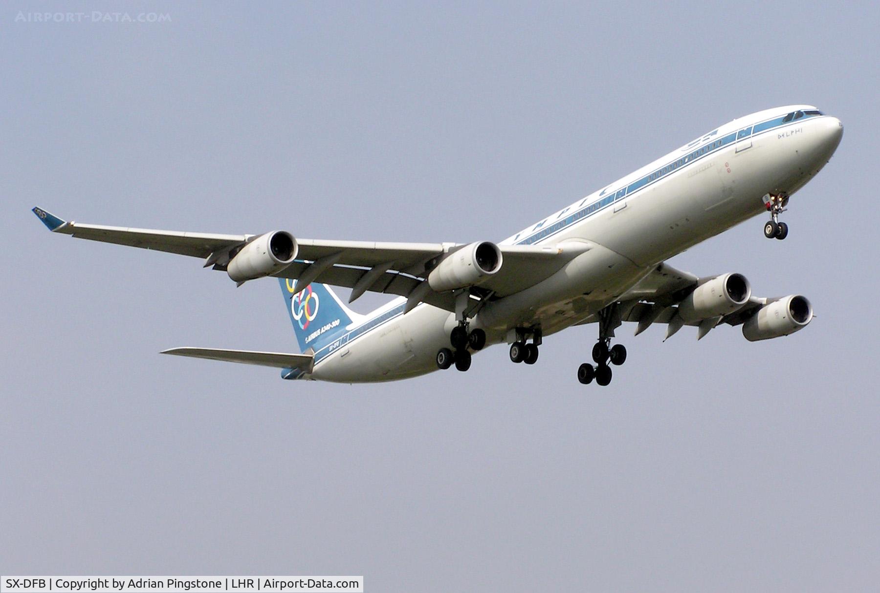 SX-DFB, 1999 Airbus A340-313X C/N 239, Olympic Airbus A340-300 landing at London Heathrow Airport, England in October 2005