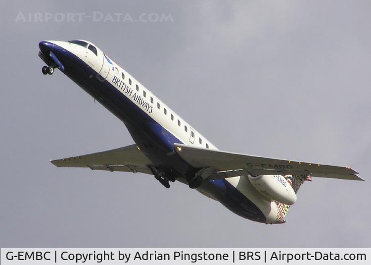 G-EMBC, 1997 Embraer EMB-145EP (ERJ-145EP) C/N 145024, An Embraer ERJ 145 of British Airways taking off from Bristol Airport, Bristol, England in March 2004. Notice that the wheels are retracting.