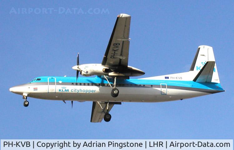 PH-KVB, 1990 Fokker 50 C/N 20190, Fokker 50 of KLM on the approach to London (Heathrow) Airport in July 2002
