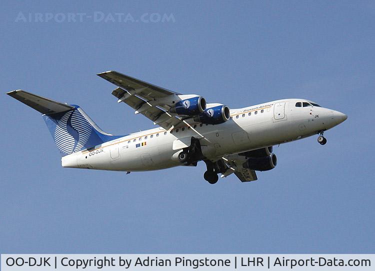 OO-DJK, 1995 British Aerospace Avro 146-RJ85 C/N E.2271, SN Brussels Airlines Avro RJ-85 regional jet lands at London (Heathrow) Airport in 2002