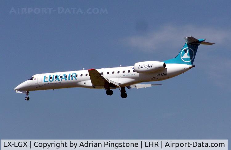 LX-LGX, 1999 Embraer EMB-145LU (ERJ-145LU) C/N 145147, Luxair Embraer ERJ-145 (LX-LGX) landing at London (Heathrow) Airport in August 2004
