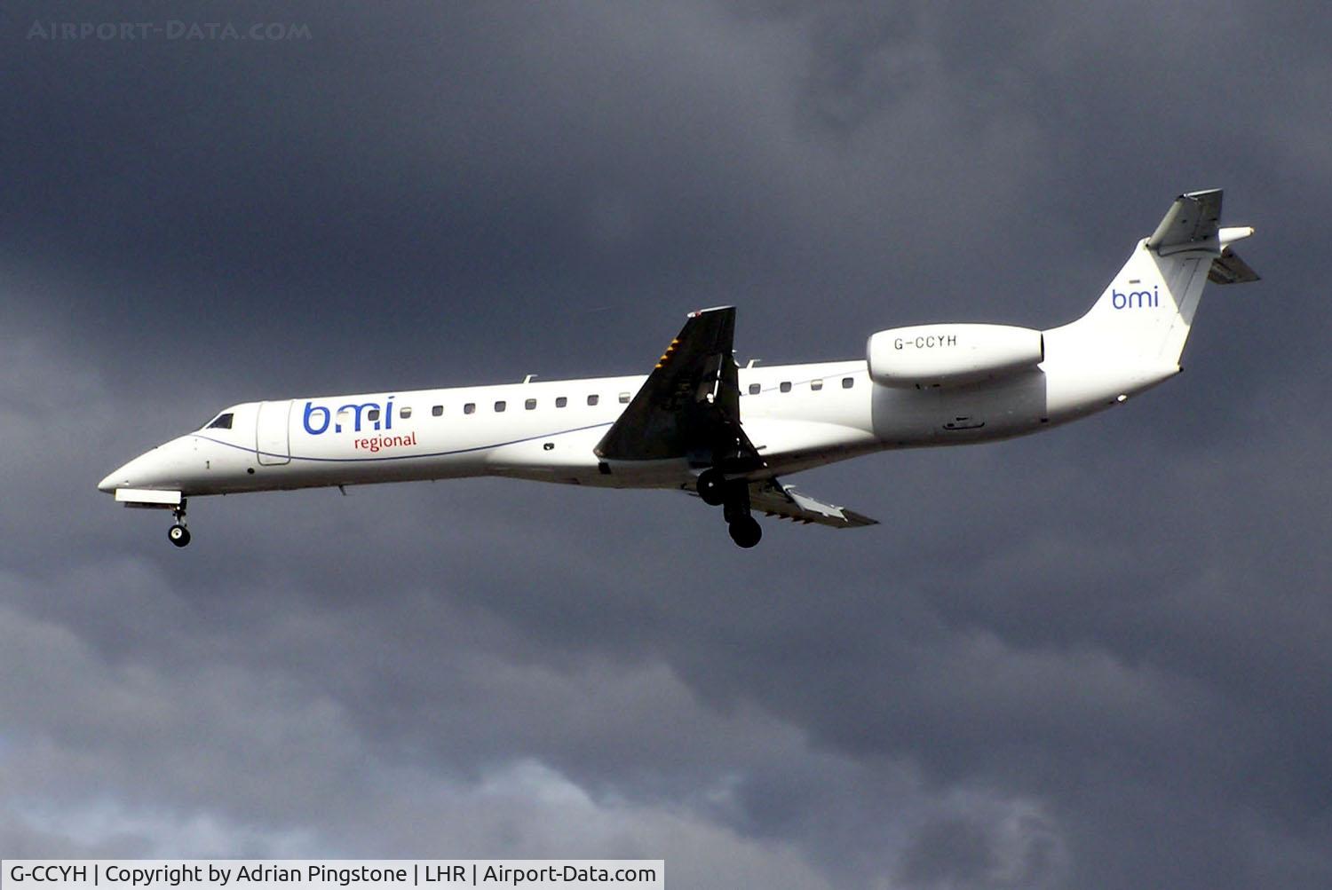 G-CCYH, 1998 Embraer EMB-145EP (ERJ-145EP) C/N 145070, Embraer ERJ 145 of bmi regional, landing at Heathrow Airport, London, March 2005