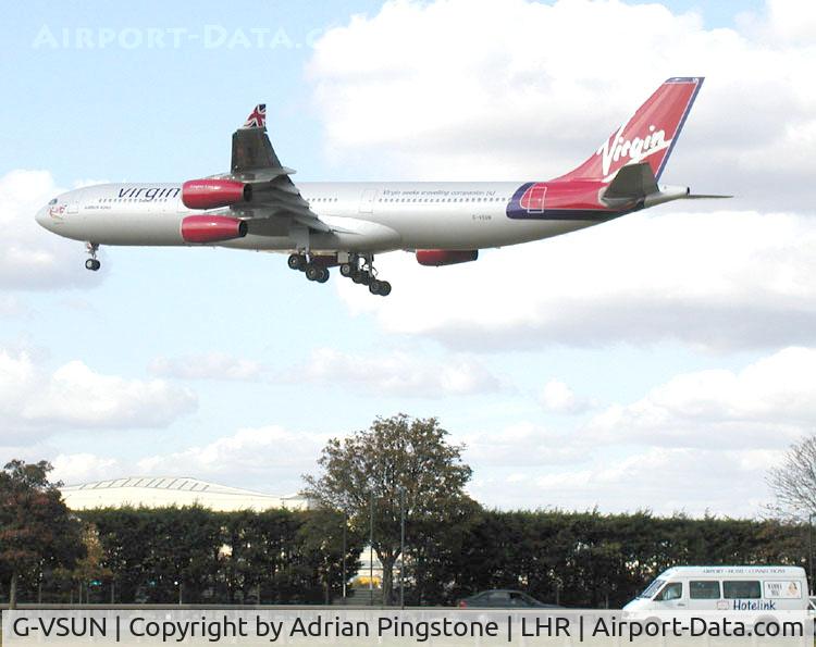 G-VSUN, 1996 Airbus A340-313 C/N 114, Airbus A340-313 of Virgin Atlantic on the approach to London (Heathrow) Airport in July 2002