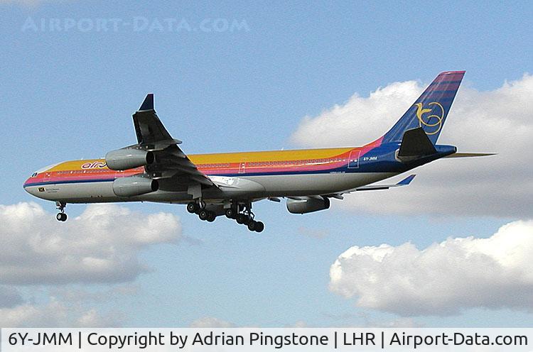 6Y-JMM, 1998 Airbus A340-313 C/N 216, Airbus A340-313 of Air Jamaica (6Y-JMM) on the approach to London (Heathrow) Airport in July 2002