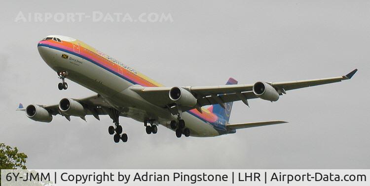 6Y-JMM, 1998 Airbus A340-313 C/N 216, Air Jamaica Airbus A340-300 (6Y-JMM) on the approach to London (Heathrow) Airport (UK) in June 2003