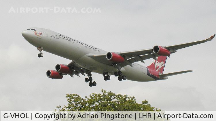 G-VHOL, 1992 Airbus A340-311 C/N 002, Virgin Atlantic Airbus A340-300 on the approach to London (Heathrow) Airport (UK) in June 2003