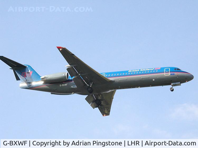 G-BXWF, 1991 Fokker 100 (F-28-0100) C/N 11328, Fokker 100 (G-BXWF) of bmi (British Midland Airways) on the approach to London (Heathrow) Airport in August 2002
