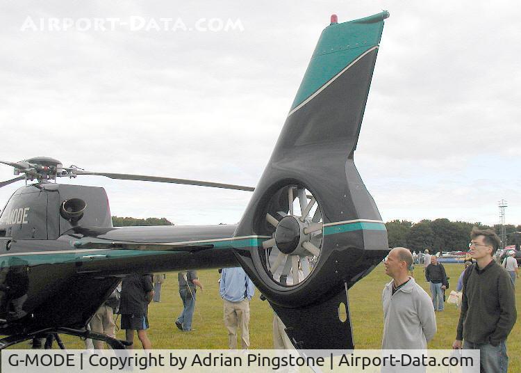 G-MODE, 2002 Eurocopter EC-120B Colibri C/N 1295, The fenestron (tail-rotor shrouding) of Eurocopter EC120B, built 2002, photographed at the Heli-Day, Kemble Airfield, England, in August 2003.