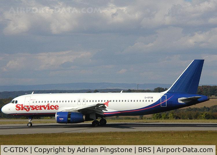 C-GTDK, 1992 Airbus A320-231 C/N 338, Skyservice Airbus A320-200 (C-GTDK, Canadian registered) on the landing roll at Bristol Airport (England). Aircraft changed to G-GTDK in 2005