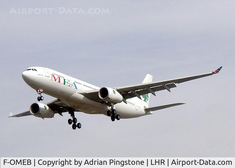 F-OMEB, 2003 Airbus A330-243 C/N 529, Middle East Airlines Airbus A330-200 (F-OMEB) on the approach to London (Heathrow) Airport, England in September 2003
