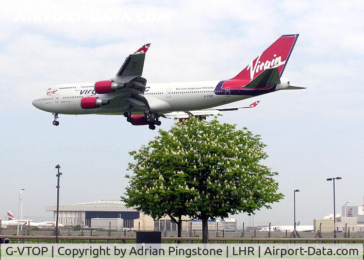 G-VTOP, 1997 Boeing 747-4Q8 C/N 28194, Virgin Atlantic Boeing 747-400 (G-VTOP), a few seconds from touchdown at London (Heathrow) Airport in May 2004