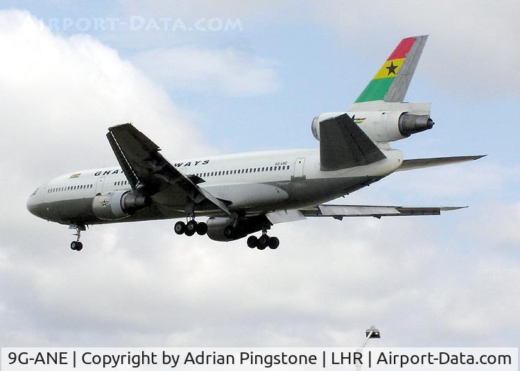 9G-ANE, 1974 Douglas DC-10-30 C/N 46713, Ghana Airways McDonnell Douglas DC-10-30 (9G-ANE) landing at London (Heathrow) Airport in July 2004