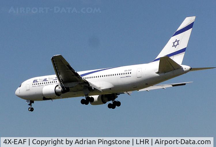 4X-EAF, 1990 Boeing 767-27E/ER C/N 24854, El Al Boeing 767ER (4X-EAF) landing at London (Heathrow) Airport in August 2004.