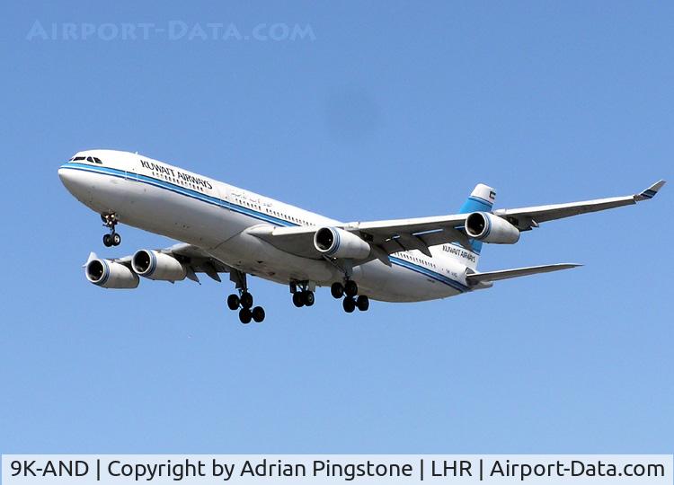 9K-AND, 1995 Airbus A340-313 C/N 104, Kuwait Airways Airbus A340-300 (9K-AND) landing at London (Heathrow) Airport in August 2004.