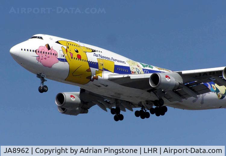 JA8962, 1993 Boeing 747-481 C/N 25645, All Nippon Airways (ANA) Boeing 747-400 (JA8962), in its Pokemon livery, landing at London (Heathrow) airport, August 2004