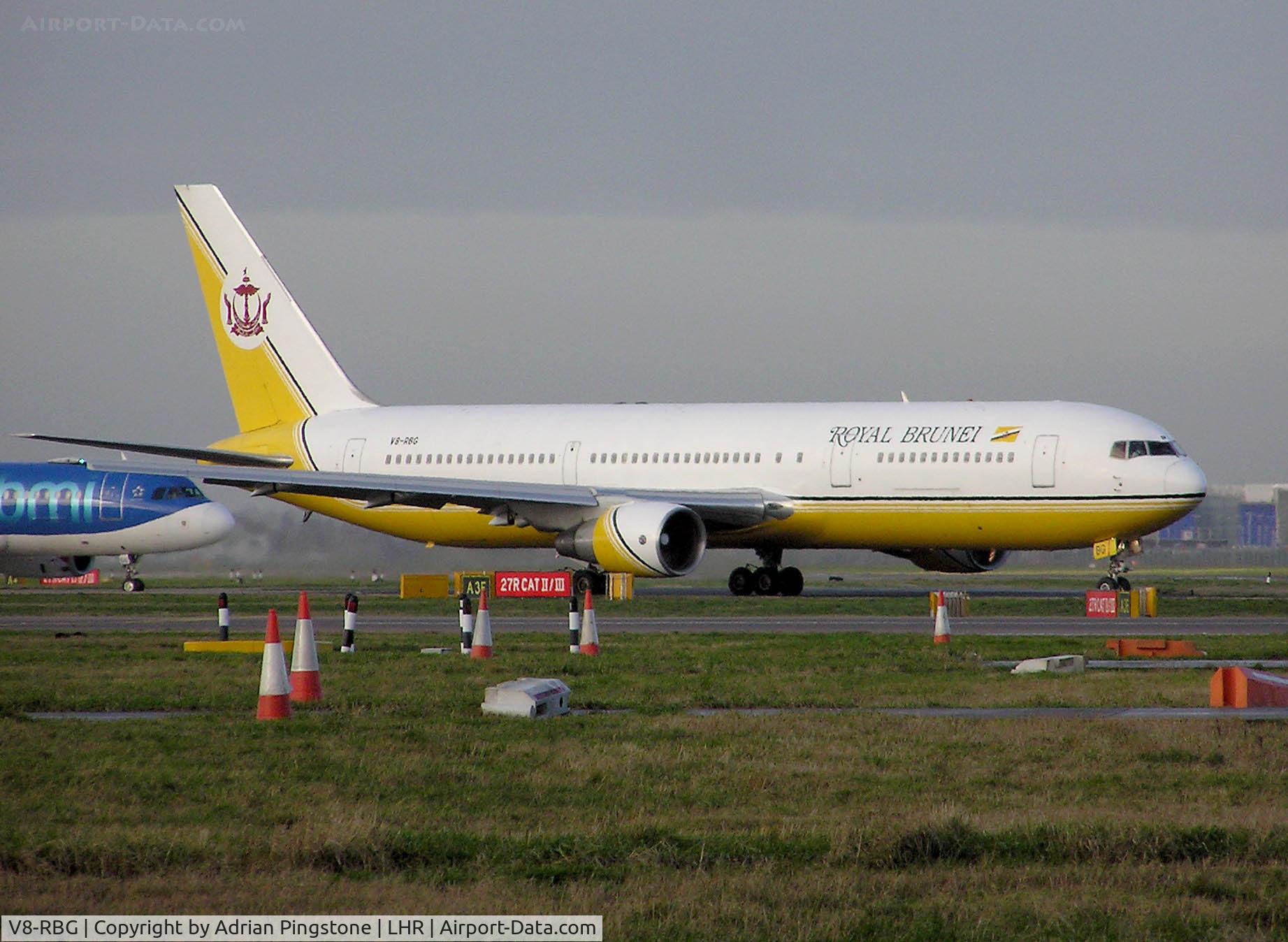 V8-RBG, 1992 Boeing 767-33A/ER C/N 25532, Royal Brunei Airlines Boeing 767-300 (V8-RBG) in the take-off queue at London (Heathrow) Airport in January 2005
