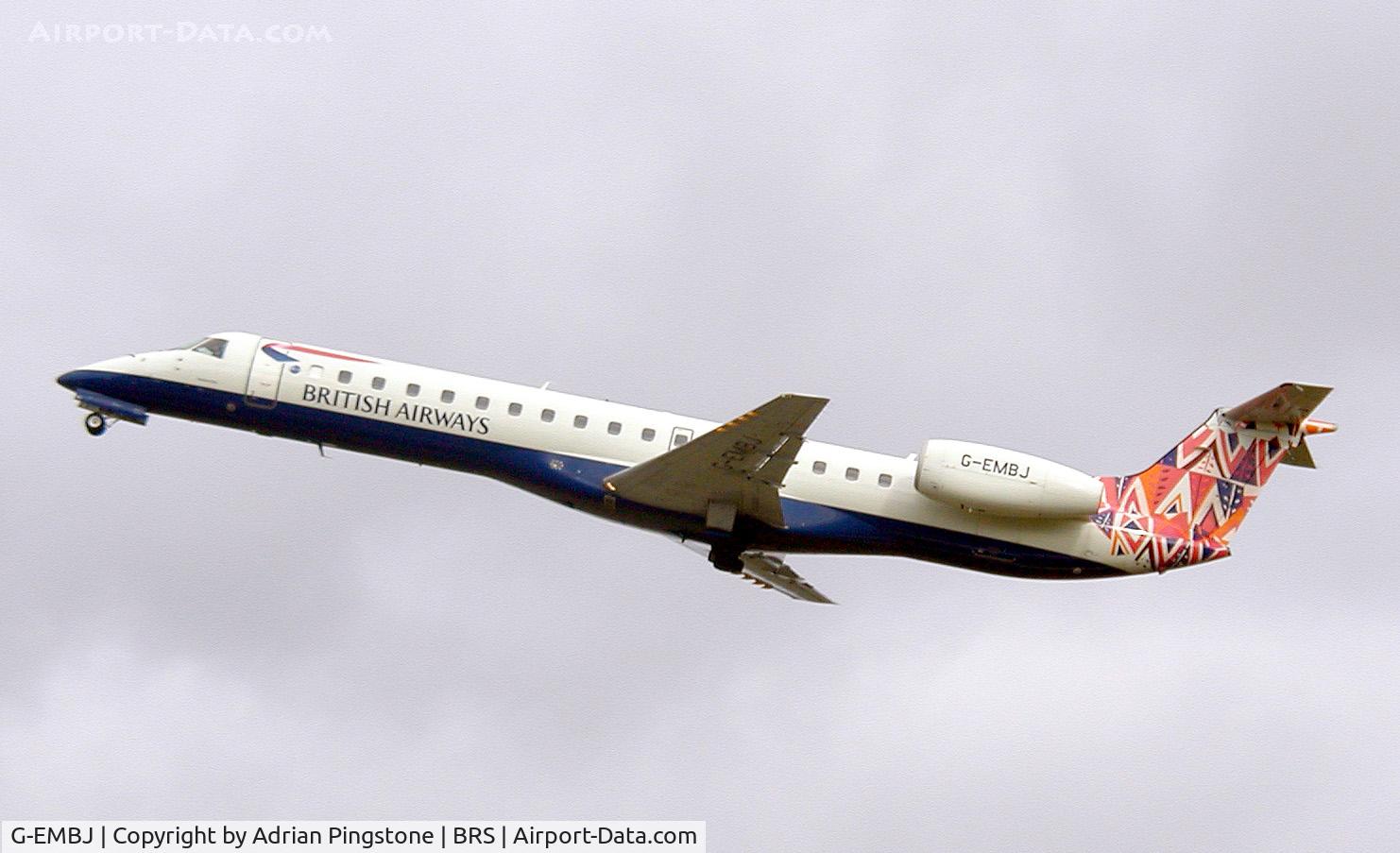 G-EMBJ, 1999 Embraer ERJ-145EU (EMB-145EU) C/N 145134, British Airways tail scheme “Market Day” (also called Youm al-Suq?) on an Embraer ERJ 145 (G-EMBJ) taking off from Bristol Airport, Bristol, England in October 2003