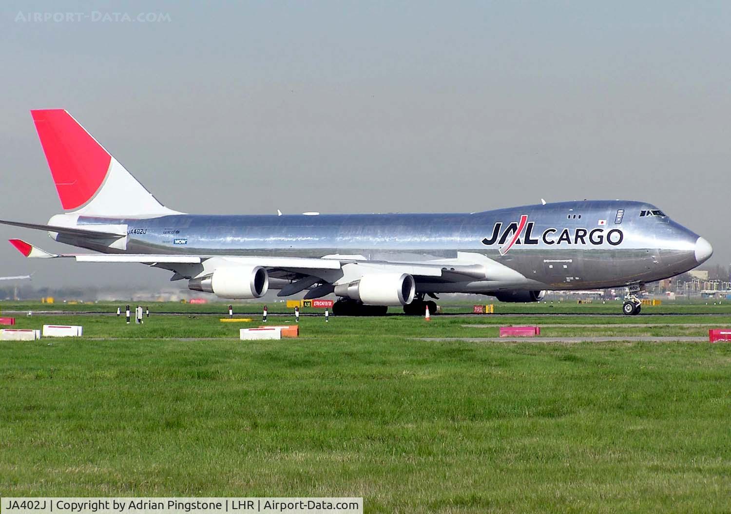 JA402J, 2004 Boeing 747-446F C/N 33749, Japan Airlines Cargo Boeing 747-400 (JA402J) waiting for take-off at London (Heathrow) Airport, England April 2005