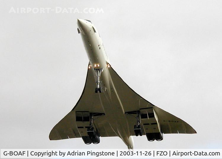 G-BOAF, 1979 Aerospatiale-BAC Concorde 1-102 C/N 100-016, Concorde 216 (G-BOAF) passes over the A38 road on the final ever Concorde landing at Filton, Bristol, England.