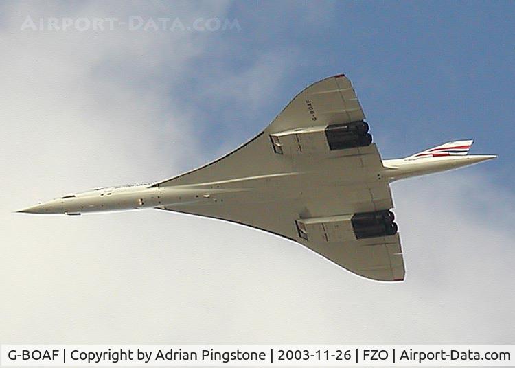G-BOAF, 1979 Aerospatiale-BAC Concorde 1-102 C/N 100-016, The last ever flight of any Concorde, 26th November 2003. G-BOAF is overflying Filton airfield at two thousand feet to take a wide circuit over the Bristol area before the final landing on the Filton (Bristol) runway from which she first flew in 1979