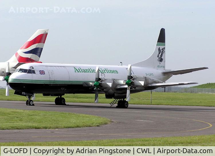 G-LOFD, 1961 Lockheed L-188C(F) Electra C/N 1143, Lockheed Electra L188C (G-LOFD) of Atlantic Airlines at Cardiff (Rhoose) Airport, Cardiff, Wales.