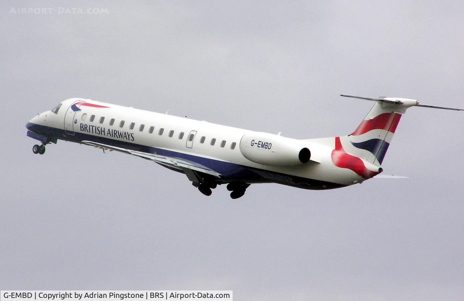 G-EMBD, 1998 Embraer EMB-145EU (ERJ-145EU) C/N 145039, British Airways ERJ 145 (G-EMBD) taking of from Bristol Airport, Bristol, England. British Airways is a major user of the airport, April 2004